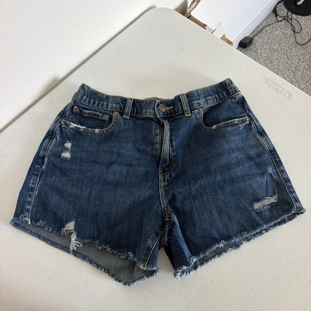Aerie Women's Daydream Dark Denim Distressed Cutoff Shorts Elastic Size Medium